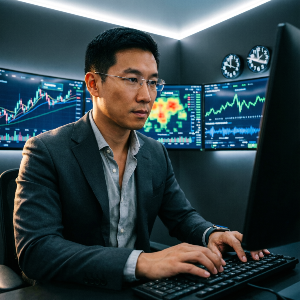 Professional forex trader analyzing Apex Trader Funding drawdown rules on multiple screens