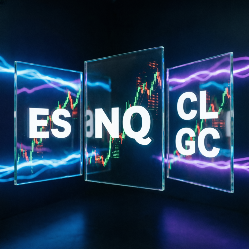 Futures trading instruments ES NQ CL GC on glass panels