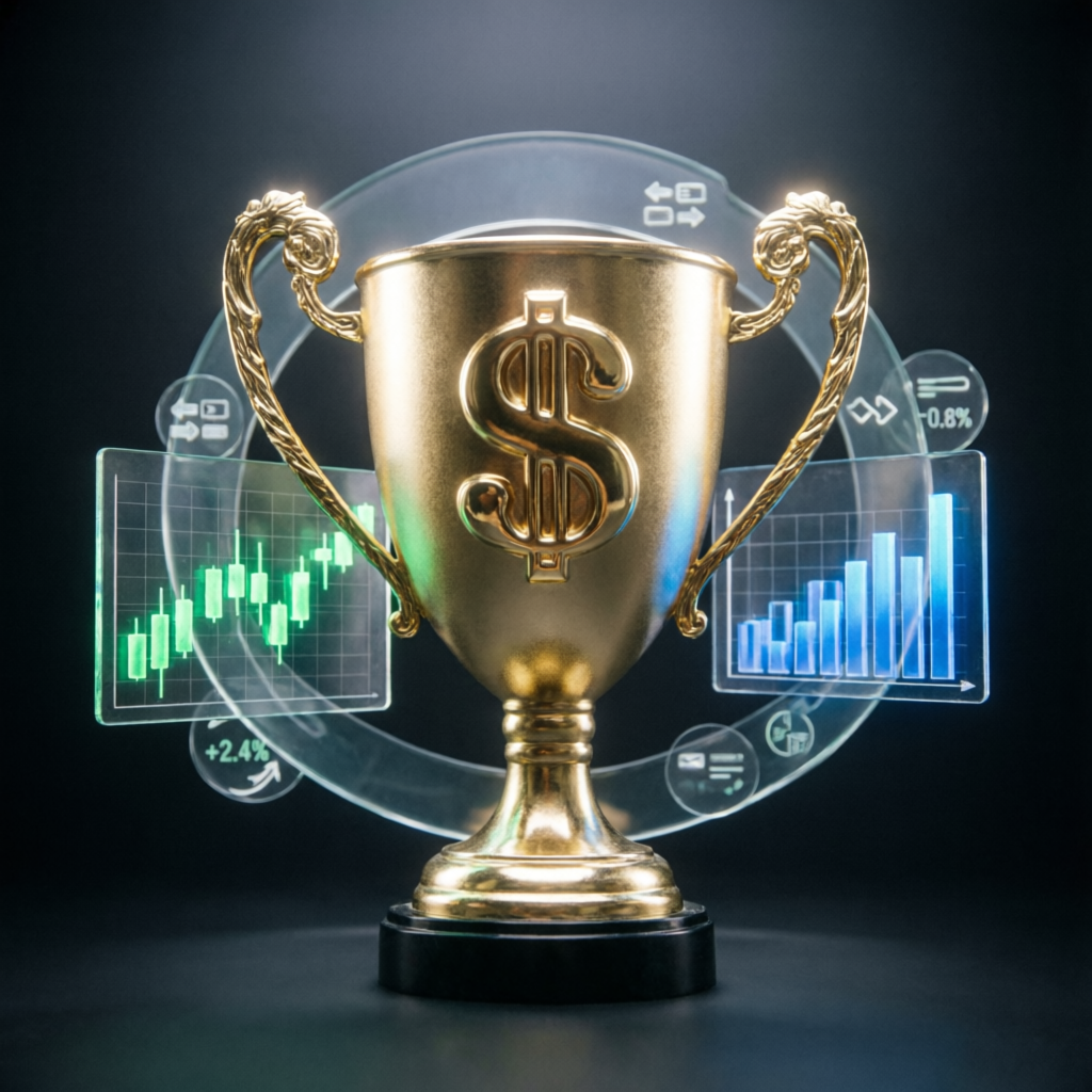 Funded account success trophy with trading charts and profit indicators