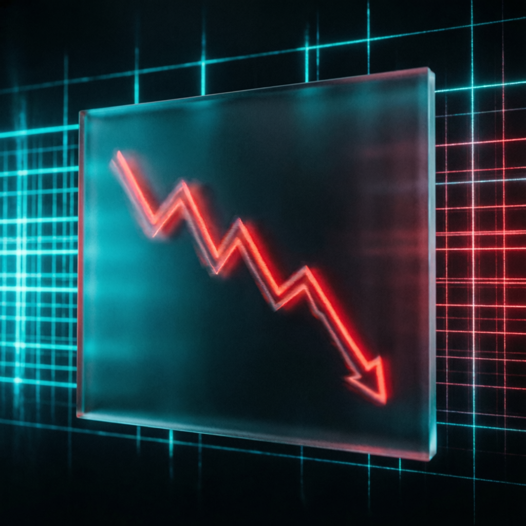 Trading drawdown visualization with declining chart on glass panel