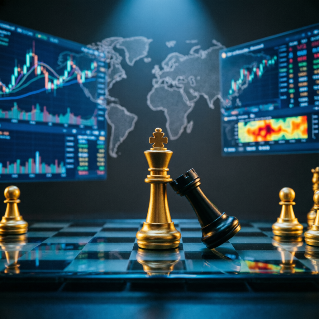 Strategic trading approach with chess pieces representing consistent trading decisions