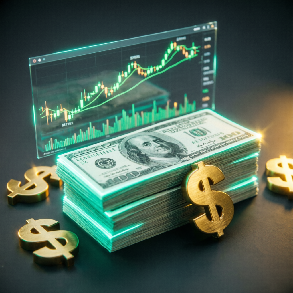 Trading profits and payouts with cash stacks and financial charts