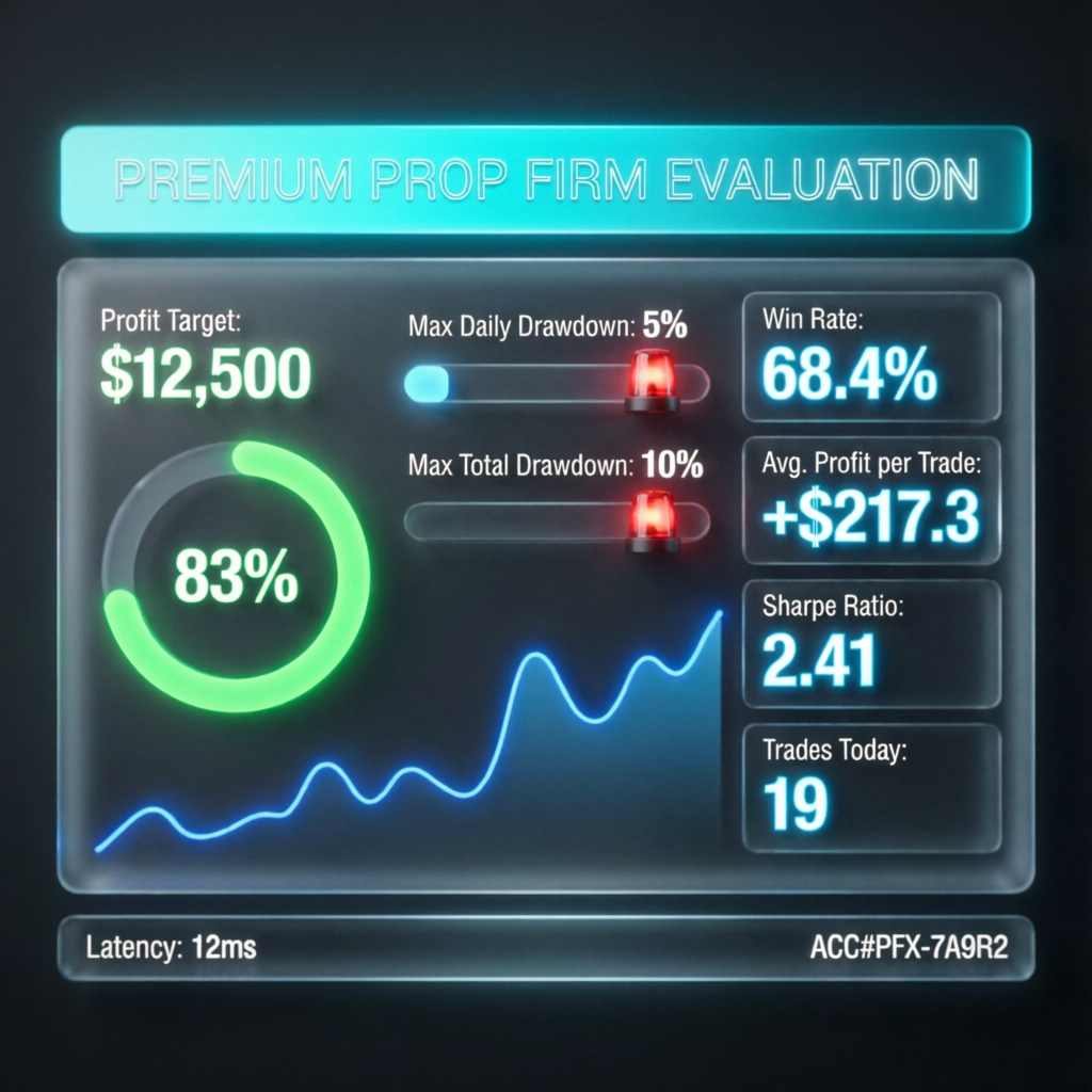 Apex Trader Funding evaluation dashboard showing profit targets and drawdown limits