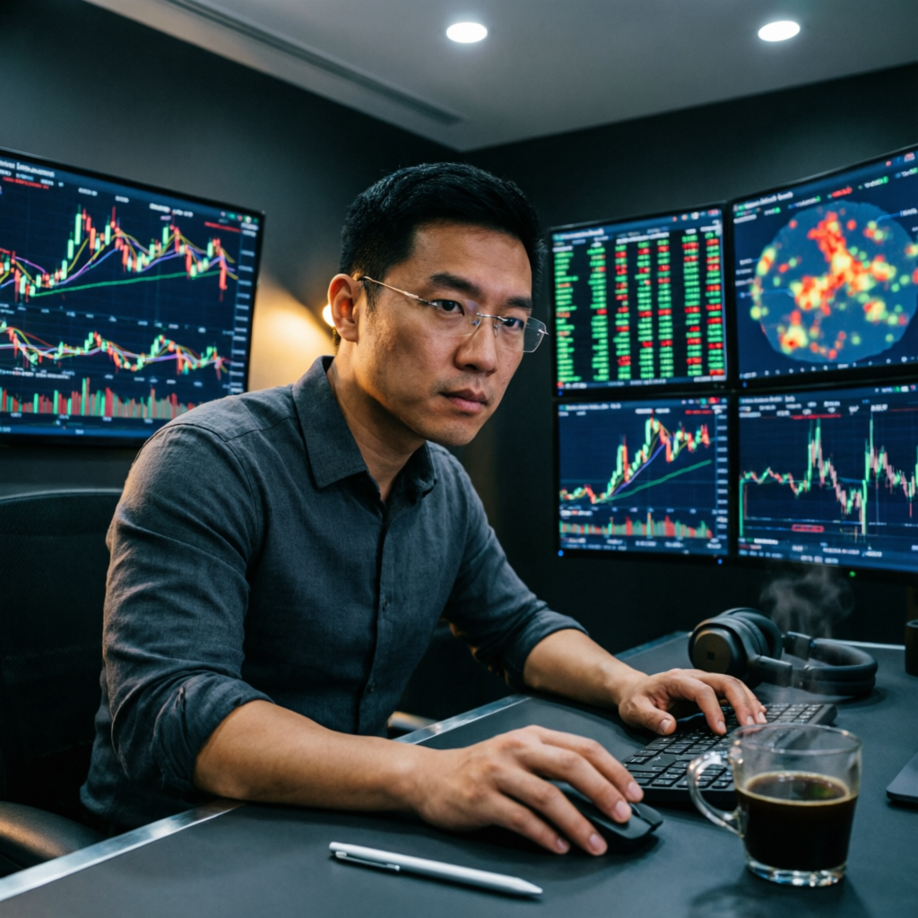 Professional forex trader analyzing financial charts in modern trading room