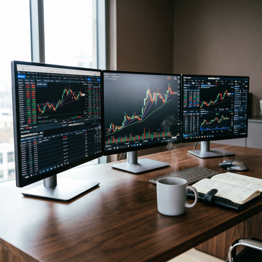 Professional multi-monitor trading setup for prop firm challenge management