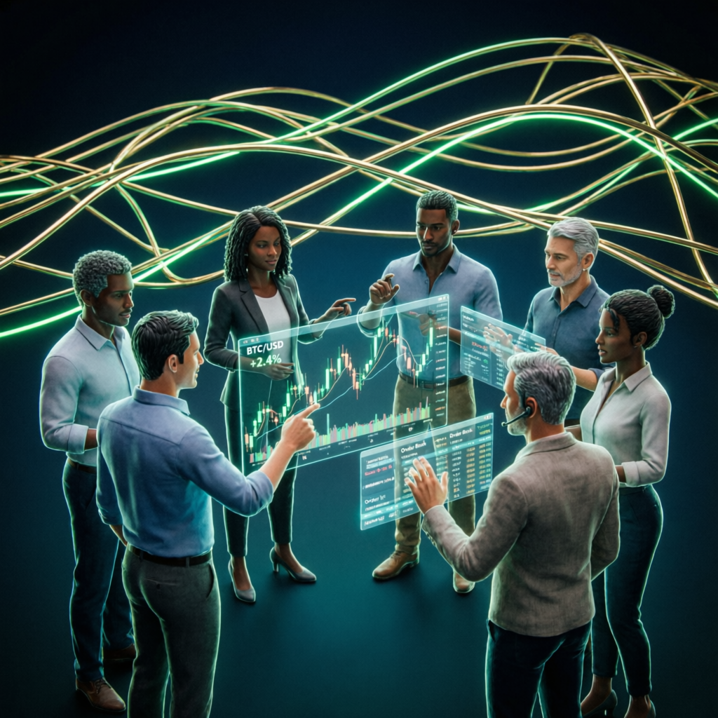 Diverse trading community collaborating on forex account management strategies