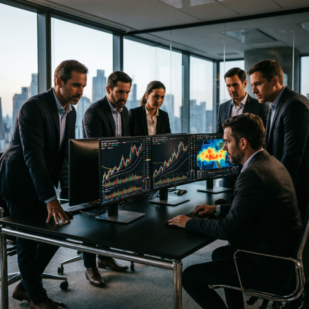 Professional trading team collaborating on forex account management strategies