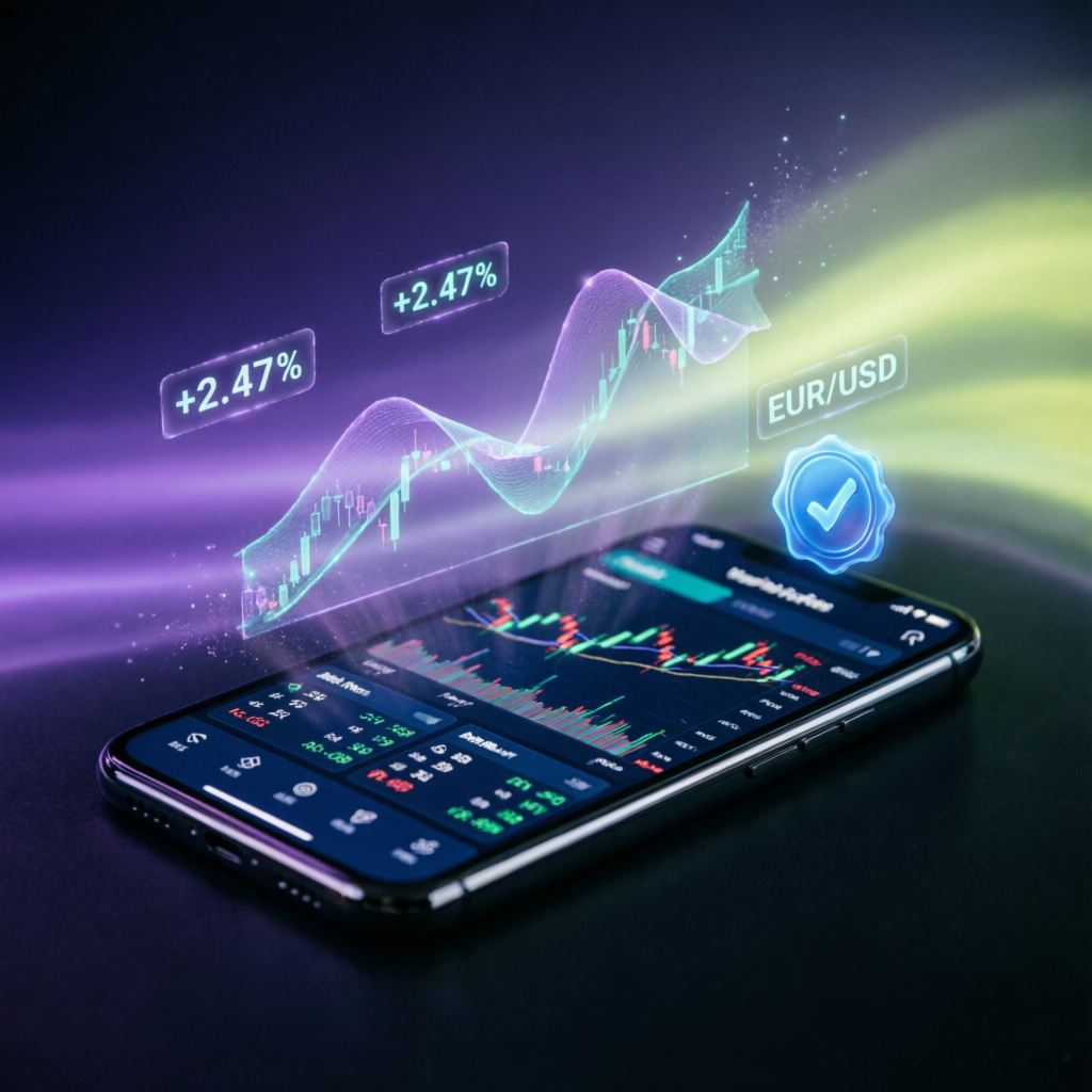 Mobile trading app with holographic profit charts