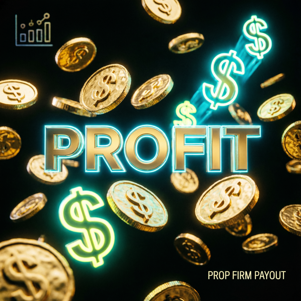 Prop firm profit payout celebration with gold coins