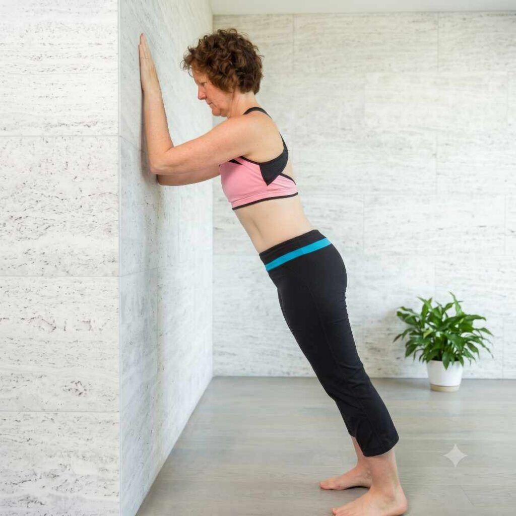 Senior woman performing a standing wall plank with forearms against the wall