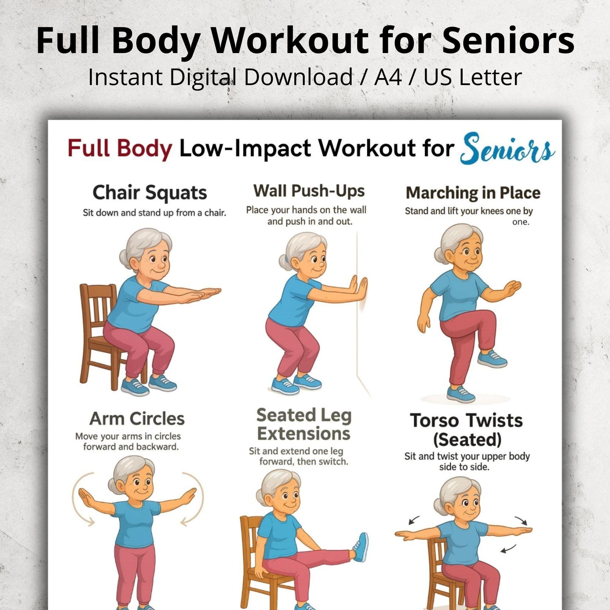 Illustrated senior workout guide showing arm circles and wall push-ups for low-impact senior exercise