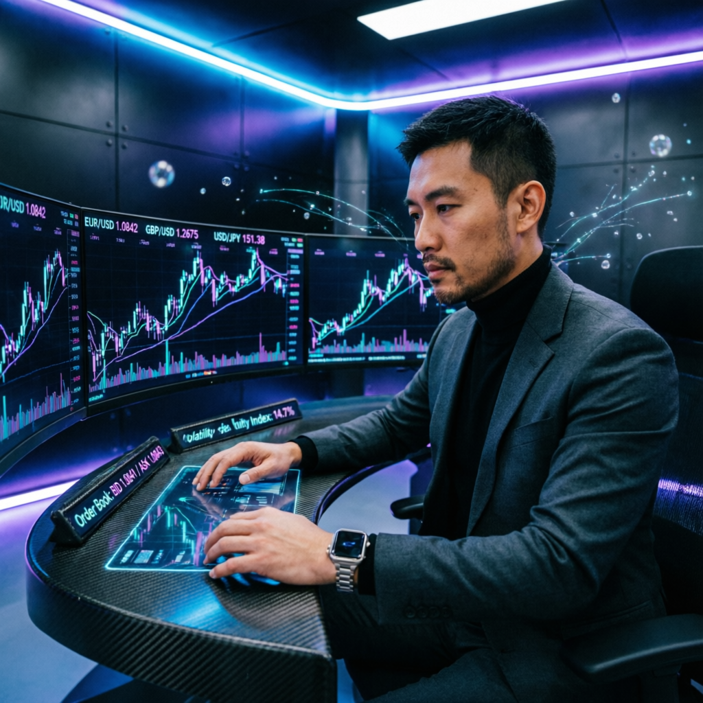 Professional forex trader in high-tech futuristic command center