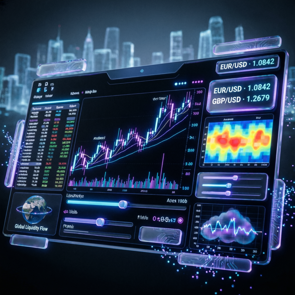 Cyberpunk futuristic trading dashboard with neon financial charts