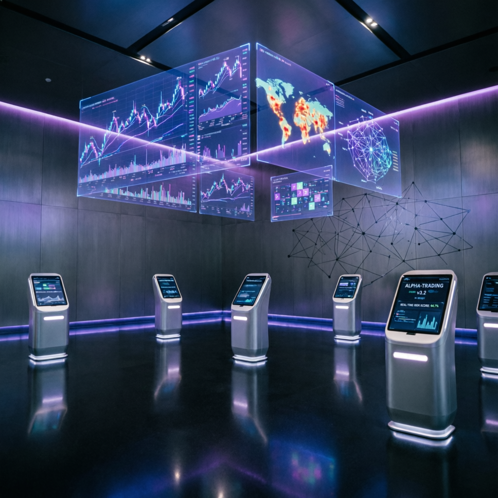 Futuristic trading floor with multiple platform displays