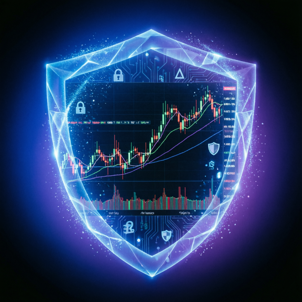 Risk management shield protecting trading charts