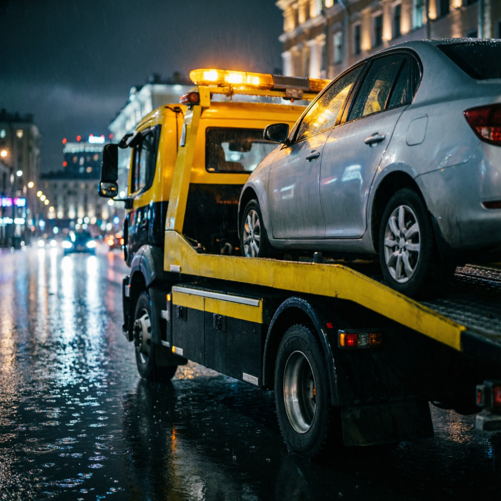 Эвакуатор загружает легковой автомобиль на платформу ночью в Москве