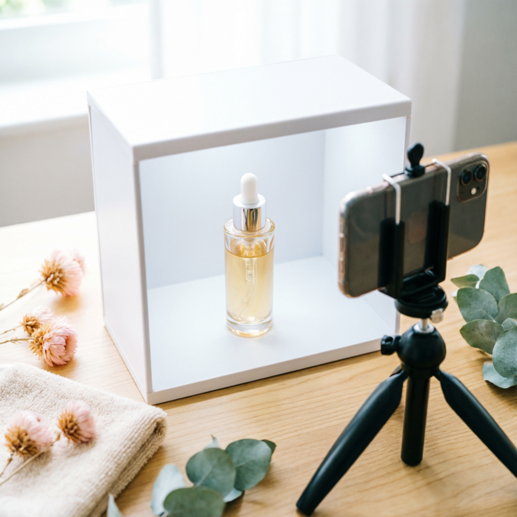 Persediaan fotografi telefon pintar dengan lightbox dan prop