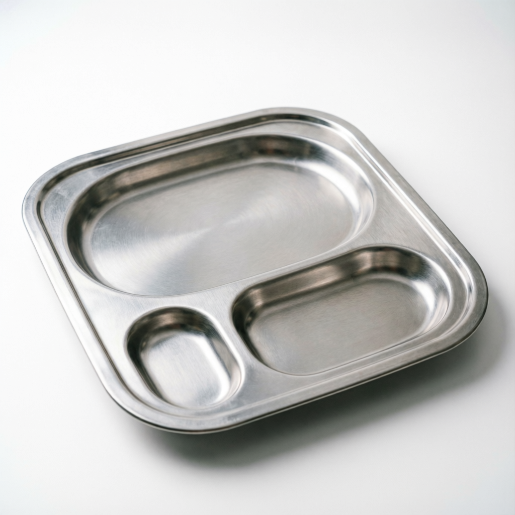 4-Compartment Rounded Rectangular Stainless Steel Food Serving Tray