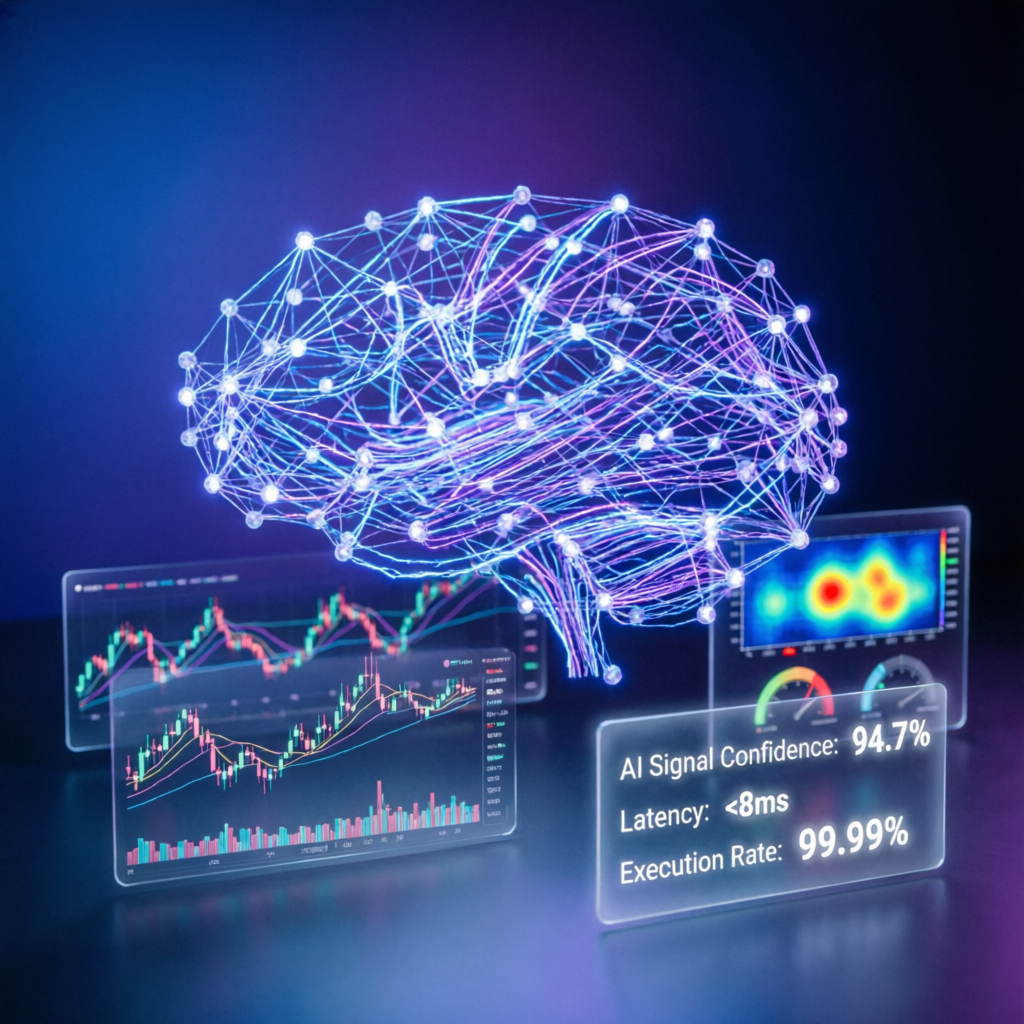 AI automation trading system concept with neural network visualization