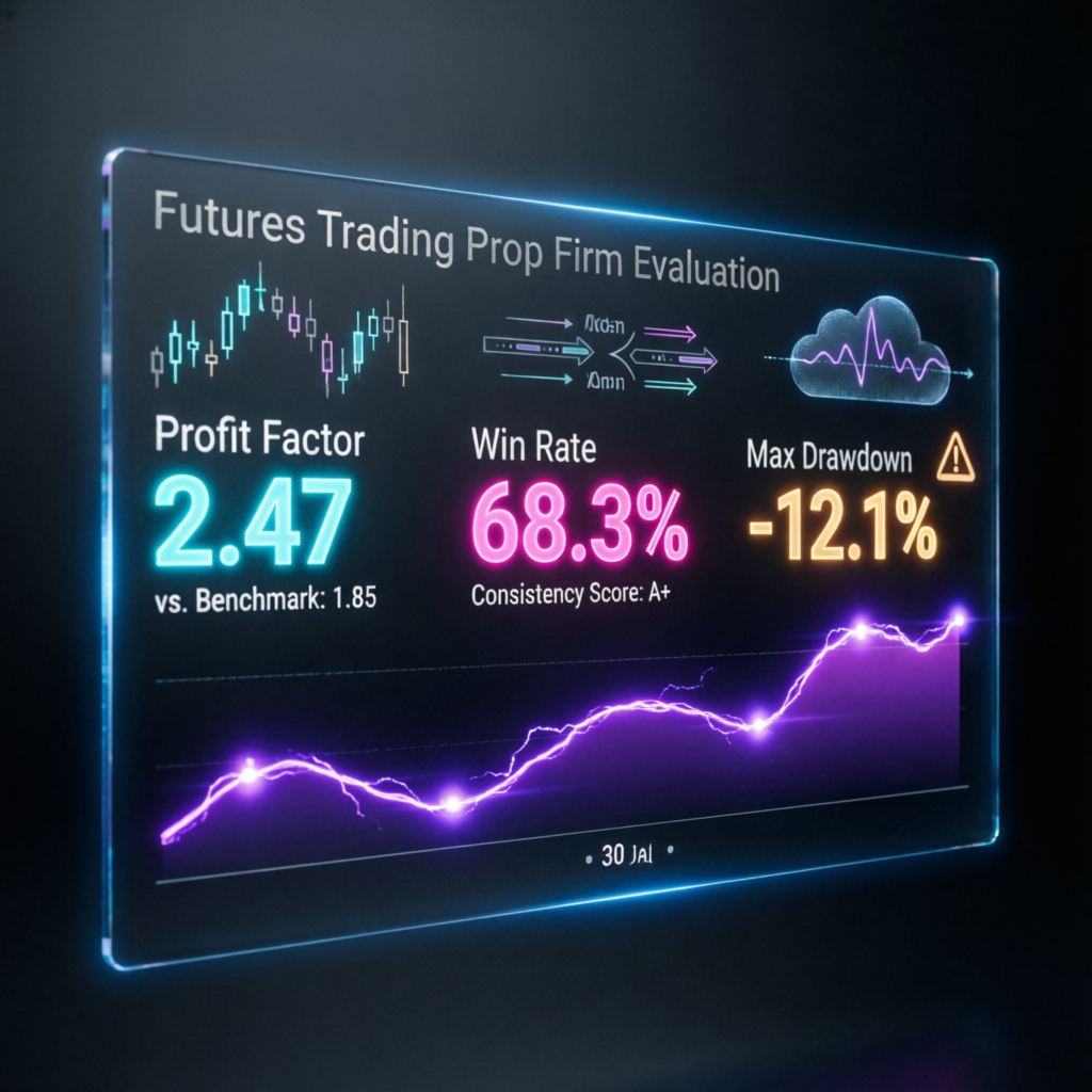 Futures trading prop firm evaluation dashboard with performance metrics