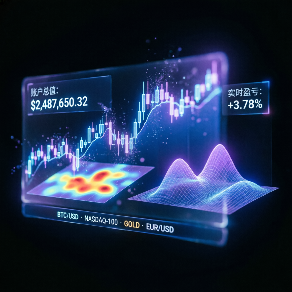 Futuristic AI-powered trading dashboard with holographic charts