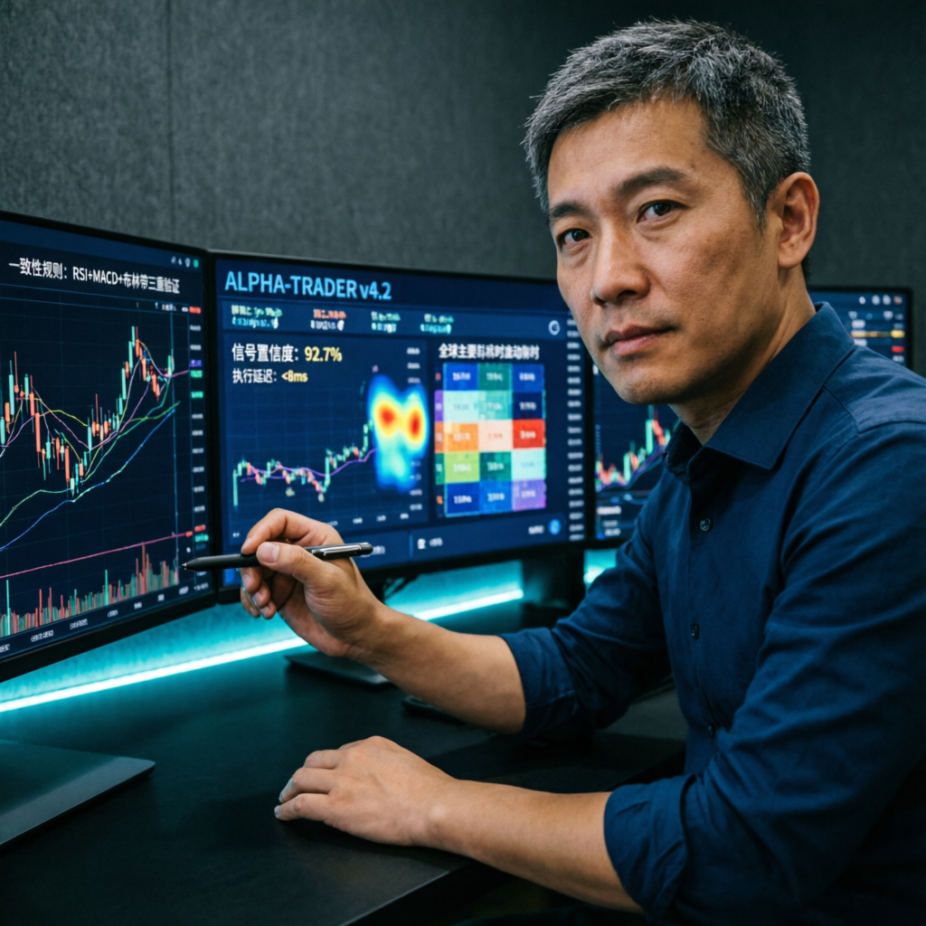 Professional forex trader analyzing multiple screens with consistency rule charts