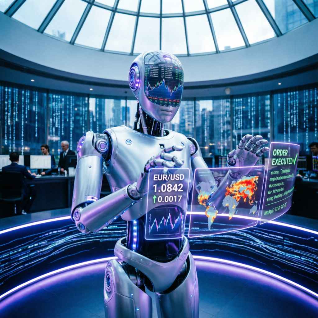 AI robot managing forex trading with holographic displays