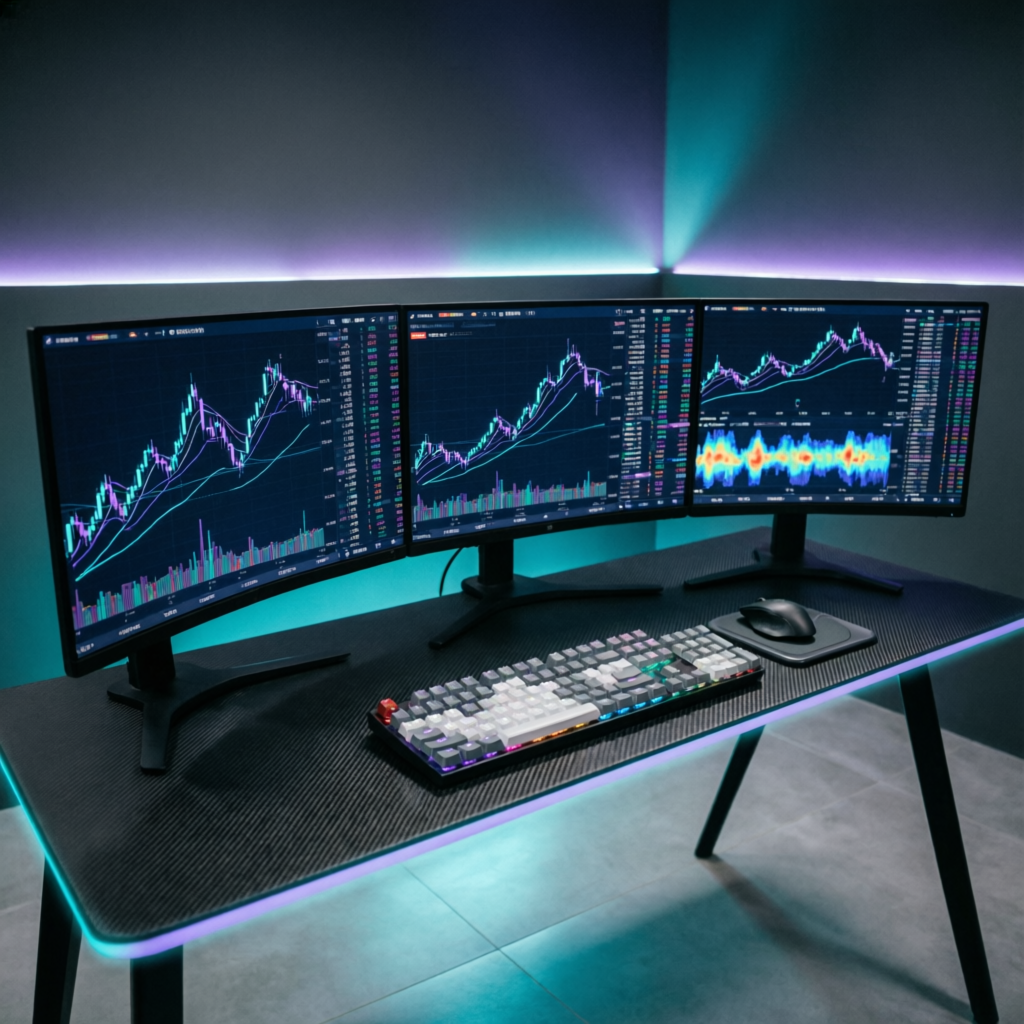 Professional multi-monitor trading setup with futures charts