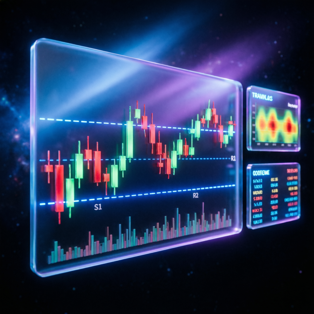 Futuristic trading chart analysis with candlestick patterns and support resistance levels