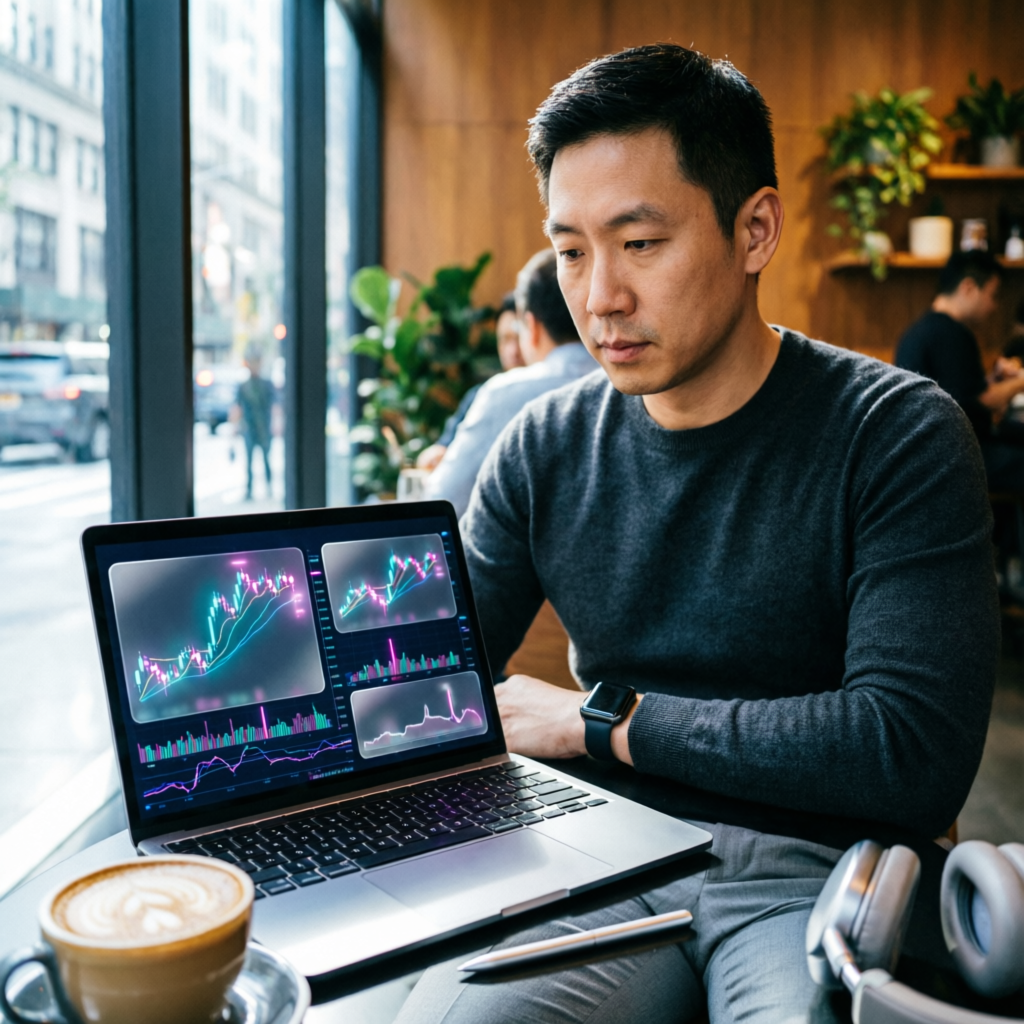 Professional trader working on laptop with trading charts