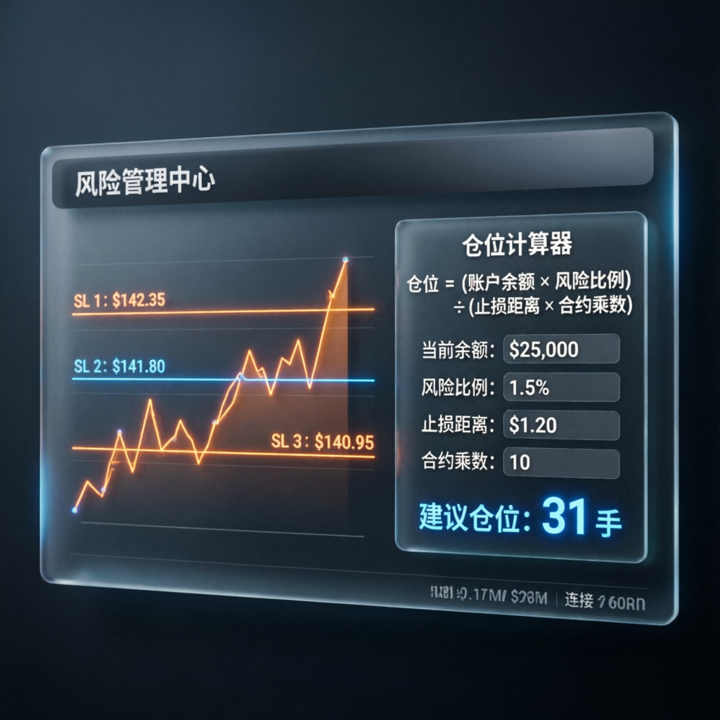 Risk management dashboard showing stop loss levels and position sizing for Apex 150K