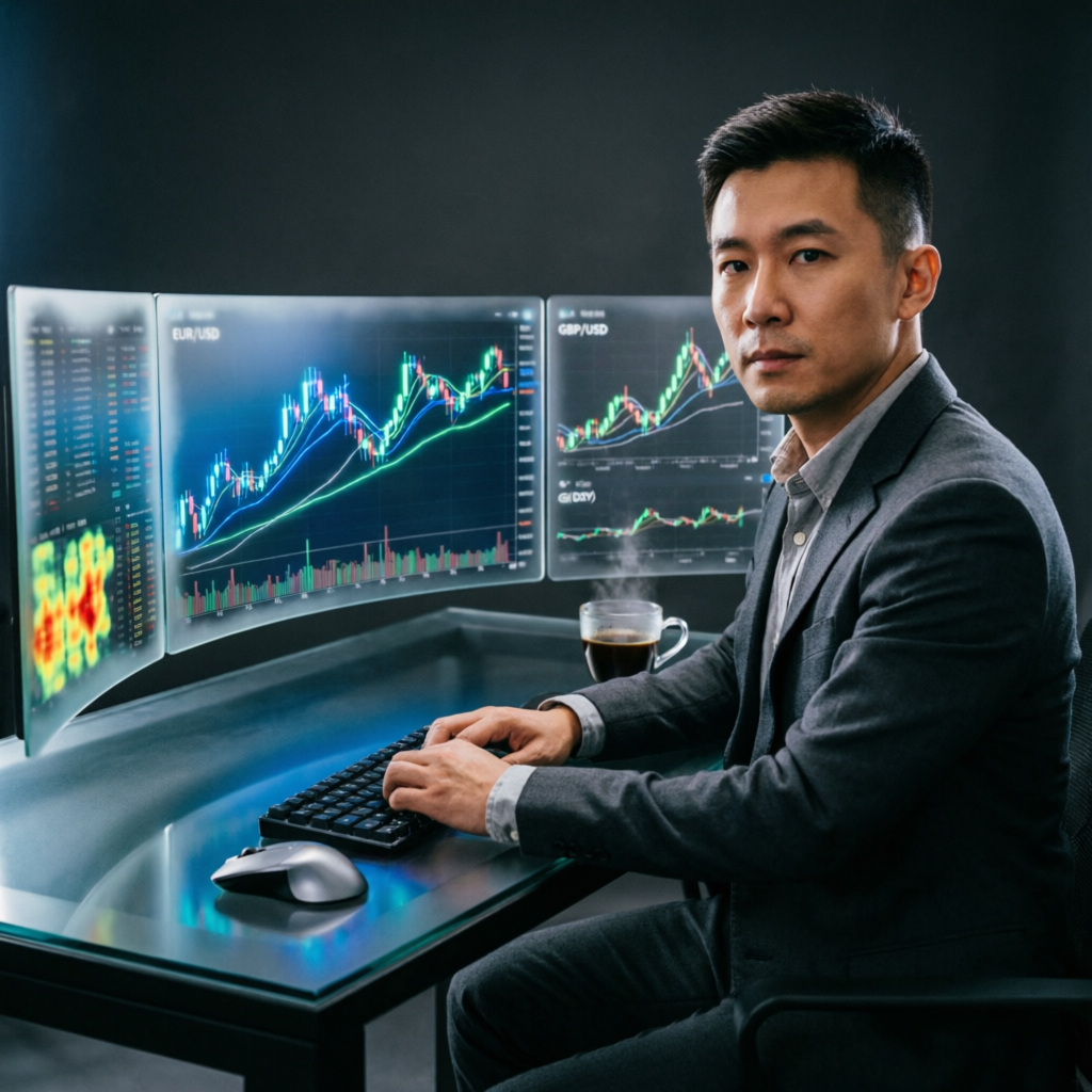 Professional forex trader with multi-monitor setup for Apex 150K account passing