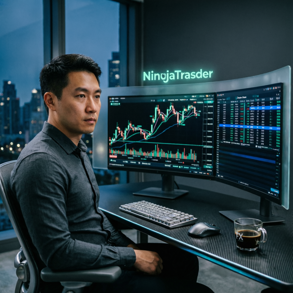 Professional trader using NinjaTrader platform for futures trading