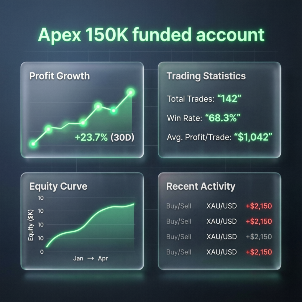 Apex 150K funded account dashboard showing profit growth and trading statistics