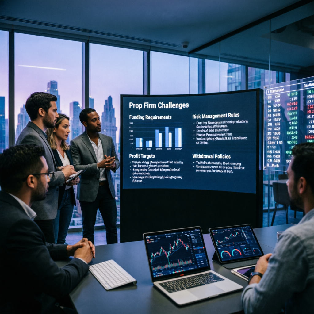 Professional trading team analyzing prop firm challenges and strategies