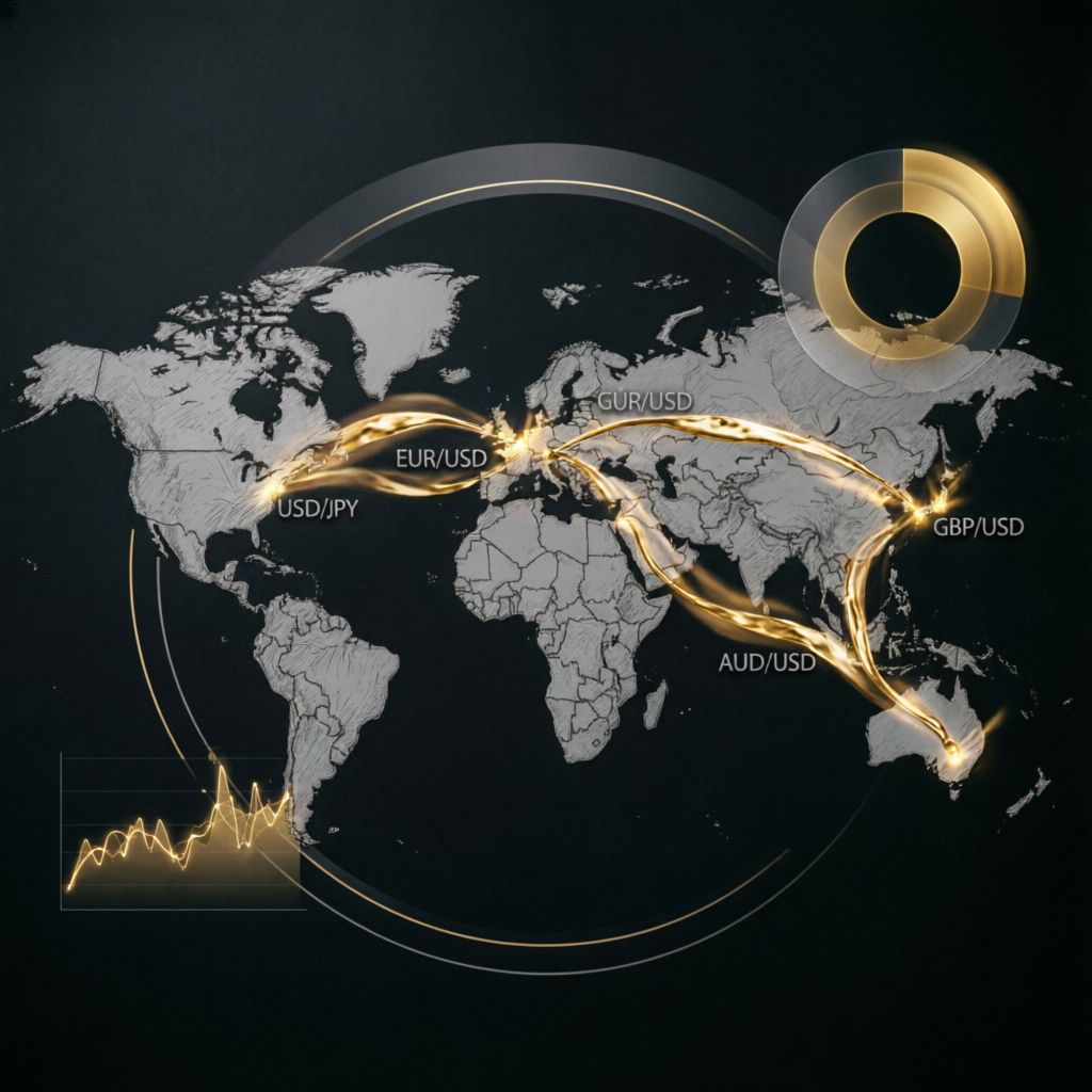 Global forex market analysis with currency pairs and trading connections