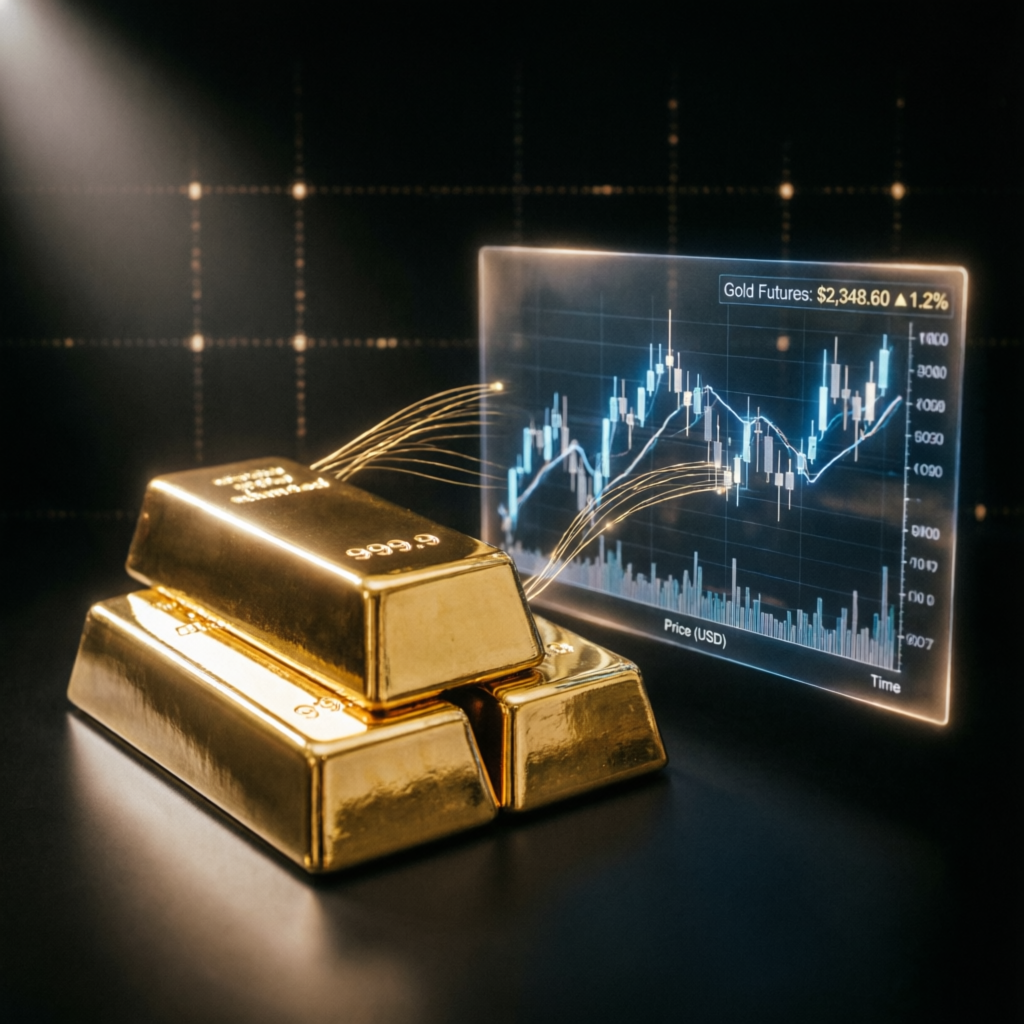 Futures trading concept with gold bars and trading charts