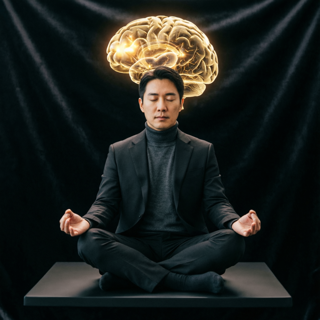 Trading psychology concept with focused trader and golden brain visualization