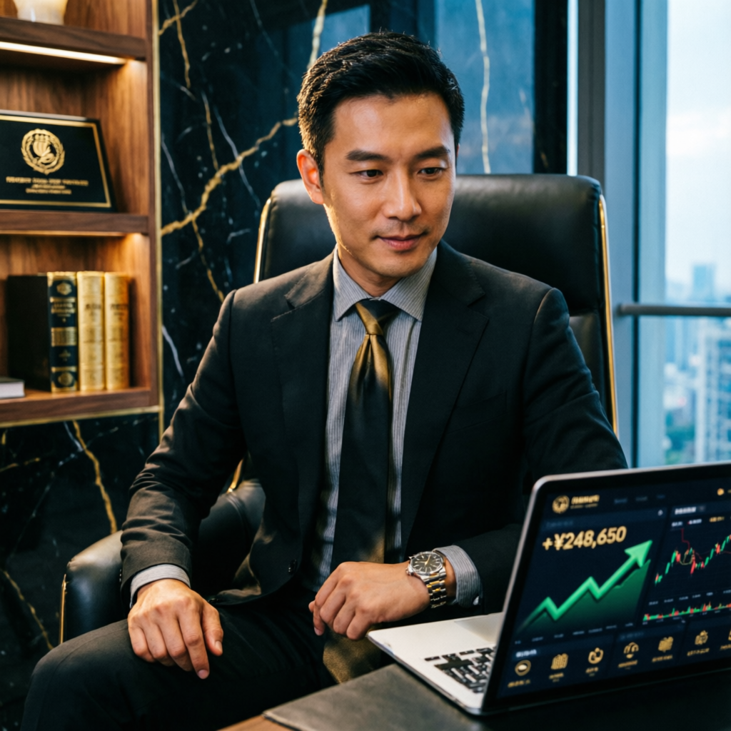 Successful funded trader reviewing profitable Apex account with green charts