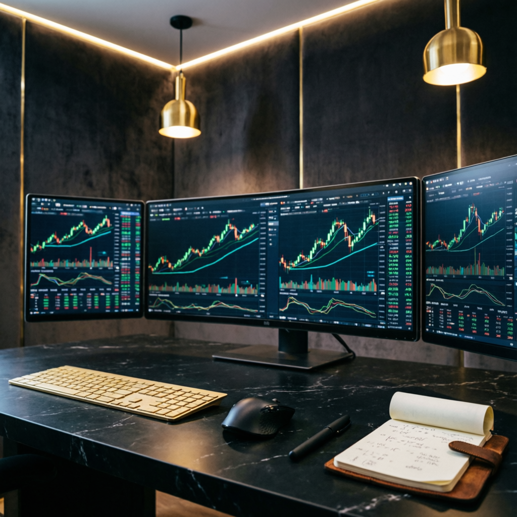 Modern multi-screen trading setup with forex charts for Apex funded account management