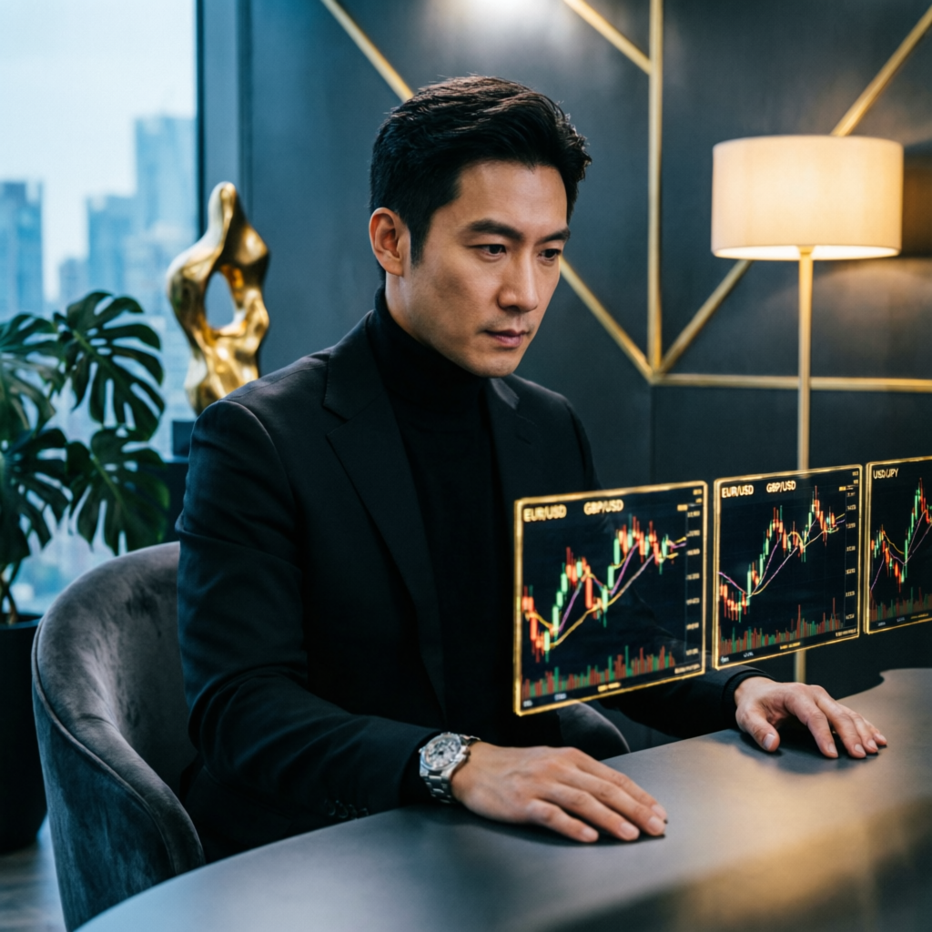 Professional forex trader analyzing Apex evaluation requirements with multiple trading charts