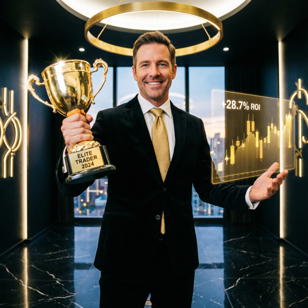 Elite trader success story with trophy and golden chart showing ROI