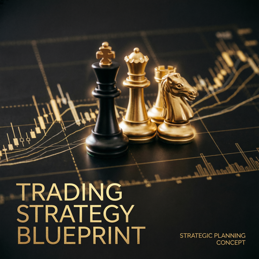 Trading strategy blueprint with chess pieces representing strategic planning for Apex evaluation