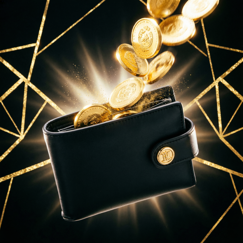 Profit payout success with golden coins flowing into premium wallet