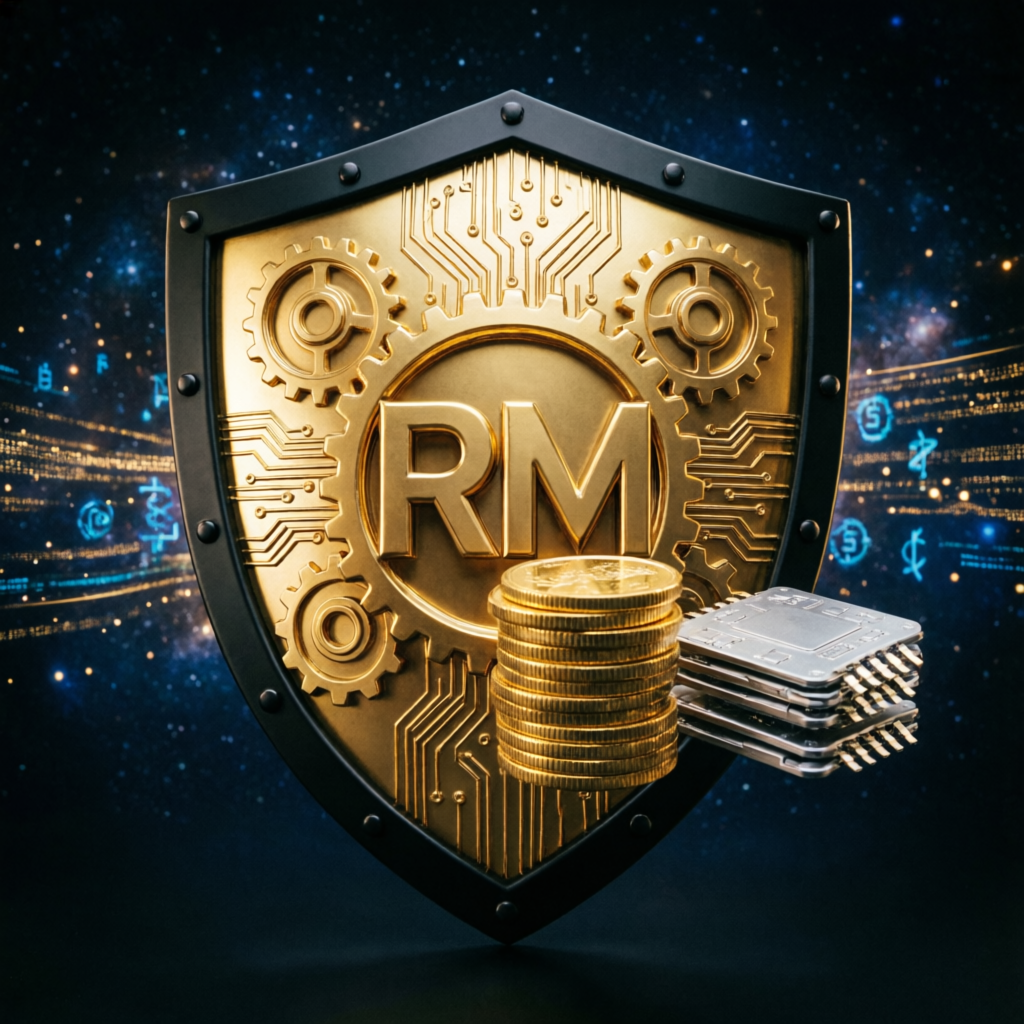 Risk management shield protecting trading capital with gold coins