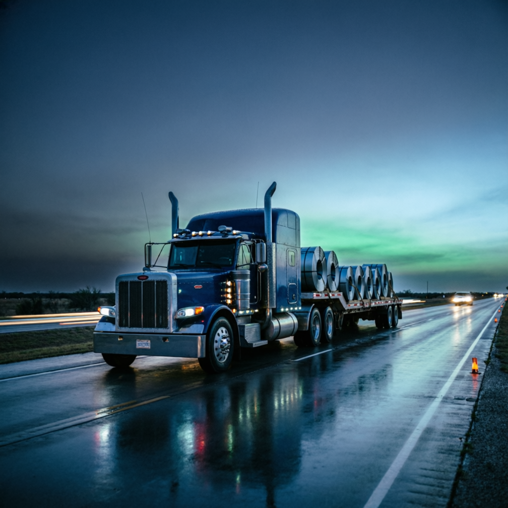 Flatbed semi truck hauling steel coils on a Texas highway at dusk
