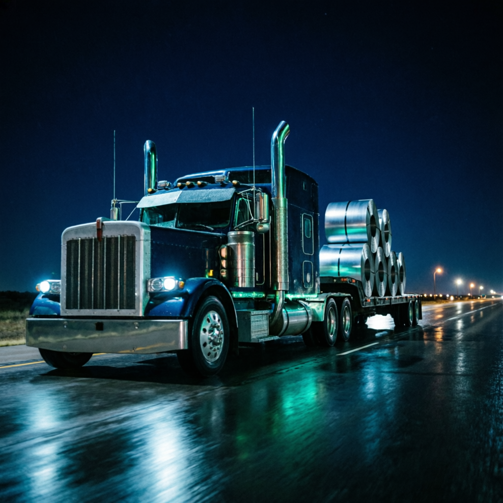 Heavy-duty flatbed semi truck loaded with steel coils on a Texas highway at night, emerald and cyan rim lighting