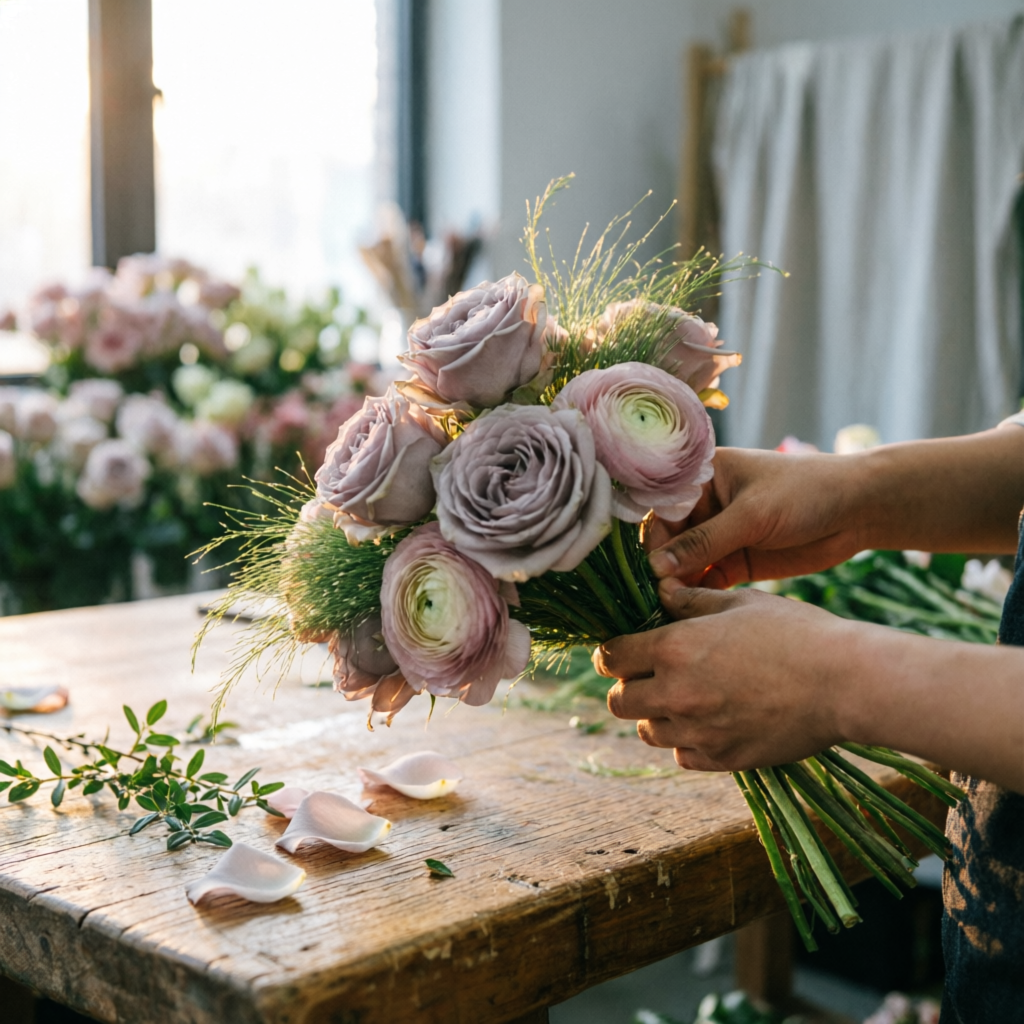 Florist's hands tying a bouquet of dusty roses and ranunculus