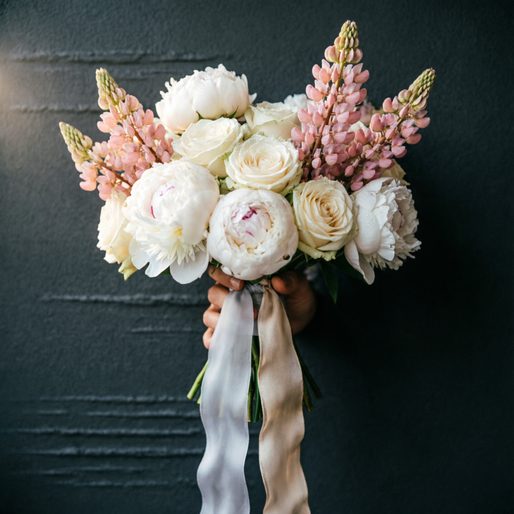 Bridal bouquet with silk ribbon on dark wall