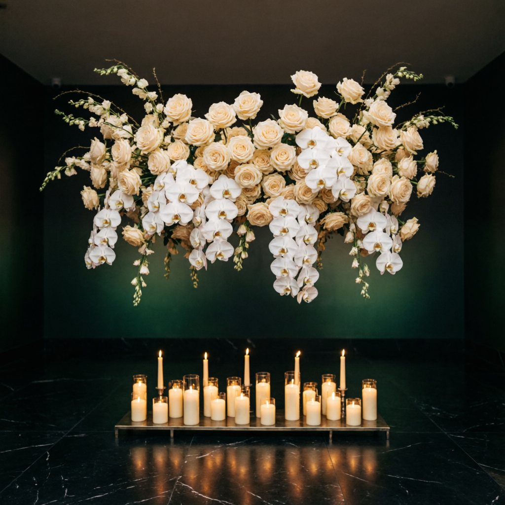 Suspended floral installation of cream roses and orchids above candles